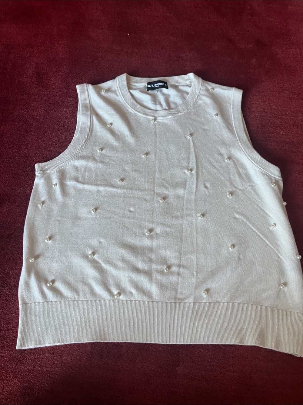 Karl Lagerfeld Ivory Pearl-Embellished Sleeveless Knit Top